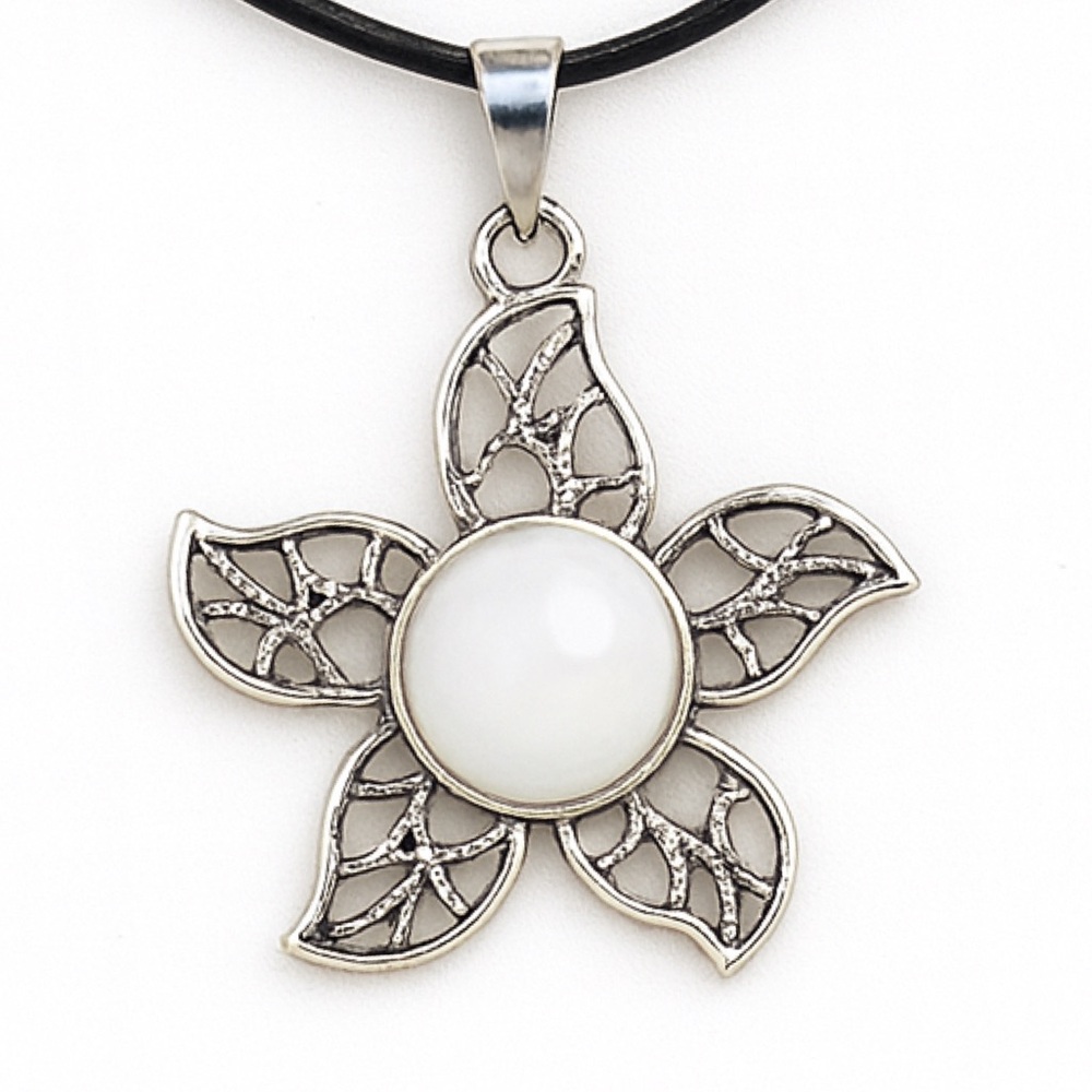 Silver Flower Pendant Necklace White Stone Black Cord 18”